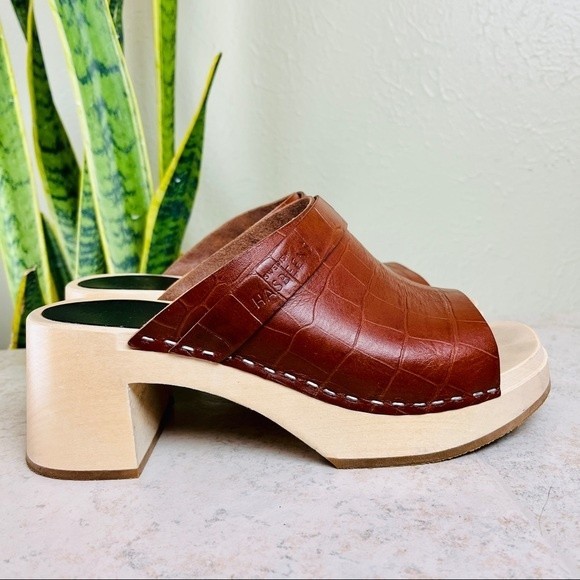SWEDISH HASBEENS Brown Leather Croc Platform Mules Clogs Sandals Shoes 38 8 8.5 - Picture 7 of 11